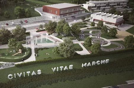 PESARO - URBINO, Senior Housing San Vigilio (Rendering progetto, panoramica dall’alto del complesso)