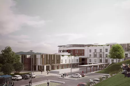 PESARO - URBINO, Senior Housing San Vigilio (Rendering progetto, esterno struttura e parcheggio)