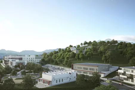PESARO - URBINO, Senior Housing San Vigilio (Rendering progetto, visione totale del complesso nel paesaggio)